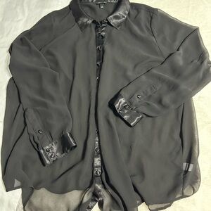 Satin-Trim Black Sheer Button-Up Blouse